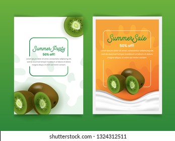 Set of fruit kiwi summer flyer design template with 3d realistic style for brochure, poster, magazine cover, banner, card, leaflet and background in A4 format size paper.