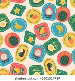 Set of fruit labels and stickers. Seamless pattern. Vector illustration