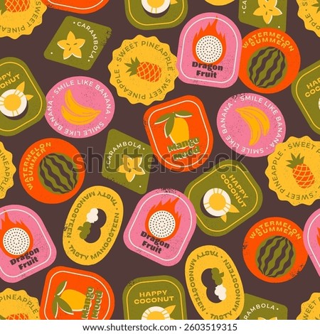 Set of fruit labels and stickers. Seamless pattern on dark background. Vector illustration.
