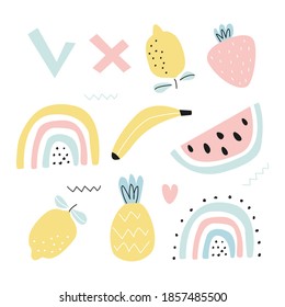 Set with fruit lemon, banana, pineapple, strawberry, watermelon and rainbow, summer background. Vector illustration in a modern cartoon style, for printing on packaging paper, postcard, poster, banner