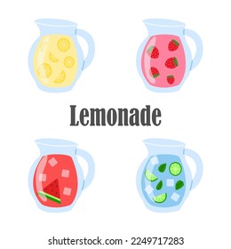 A set of fruit lemonades in glass jugs on a white background, refreshing summer drinks. Strawberry, lemon, watermelon, mojito