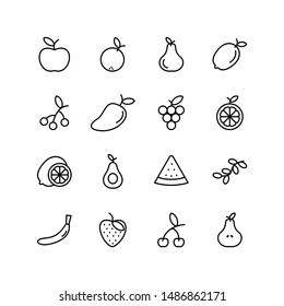 Set of fruit line icon design vector, vegetable mark vector illustration. Such as apple, orange, cherry, watermelon. Black outline vector icons, isolated against the white background.