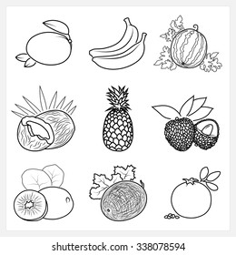 Set of Fruit Linear Icons ,Icons Mango, Banana,Watermelon, Coconut, Pineapple, Lichee,Kiwifruit,Melon, Pomegranate, Isolated on White Background ,  Vector Illustration