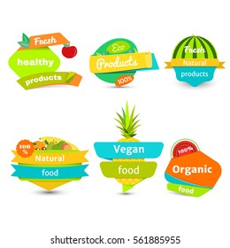 Set of fruit and logo templates. Fruit and labels with sample text. Fruits and icons for groceries, agriculture stores, packaging and advertising.