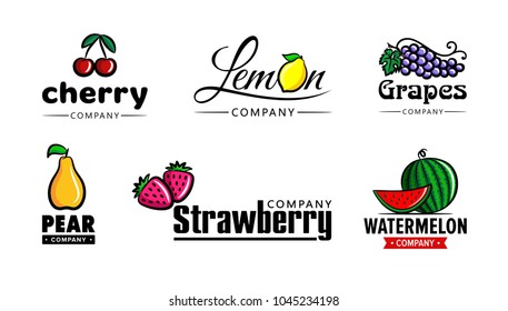 Conjunto de logotipos de frutas: Cerezo, Limón, Uvas, Oso, Fresa, sandía. Brillante emblema para tiendas, mercados, tiendas y empresa. Icono para negocios y web. Ilustración vectorial.