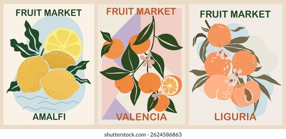 Set of Fruit Market retro posters Amalfi, Valencia, Liguria. Kitchen wall arts with lemon, orange, peach fruit designs. Colorful vector illustrations