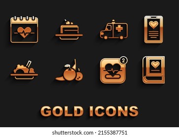 Set Fruit, Medical clipboard, book, Mobile with heart rate, Healthy food, Ambulance and emergency car, Heart and Cake icon. Vector