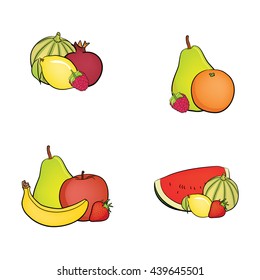 Set Of Fruit - Melon, Lemon, Kiwi, Apple, Plum, Strawberry, Pear, Raspberry, Bannana, Orangei, Pomegranate (vector)