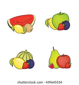 Set of fruit - melon, lemon, kiwi, apple, plum, strawberry, pear, raspberry (vector)