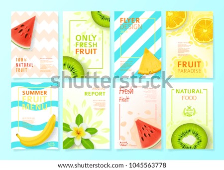 Set of fruit menu flyer design templates. Vector illustration with realistic tropical summer fruit. Brochures design for promo posters or covers in A4 format size.