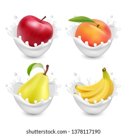 Set of fruit in a milk splash. Fruits yogurt. 3d realistic vector.