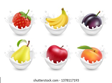 Set of fruit in a milk splash. Fruits yogurt. 3d realistic vector.