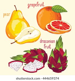 Set of fruit mix vector isolated. Healthy eat. Dragon fruit, pear and grapefruit fruit. Natural organic food. Ingredients for a vegetarian meal. Sweet and ripe summer fruit.