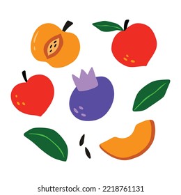 Set of fruit in naive style illustration design. Trendy childish hand drawn clip art for design element