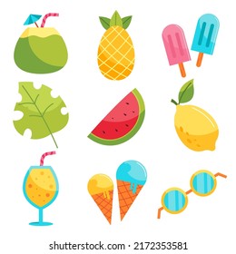 Set of fruit and object element for summer vacation, coconut, pineapple, ice cream, watermelon,  juice, cone, and sunglass in cartoon style, vector illustration