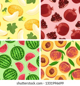 Set of fruit patterns on color background. Melon, watermelon, peach, pomegranate. Vector illustration of food ornament in cartoon simple flat style.