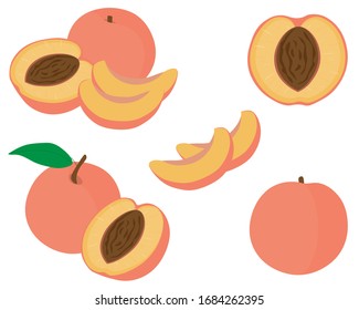 Obstpfirsiche, Vektorillustration, in Scheiben und Scheiben