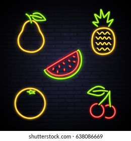 Set of fruit. Pear. Pineapple. Watermelon. Orange. Cherry. Neon sign. A bright sign. Fruit neon. Vector image