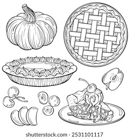 Set of fruit pie. Pumpkin dessert with whipped cream. Traditional apple tart top view. Piece of cherry pie. Vector illustration in hand drawn sketch style. Line art isolated on white for coloring book