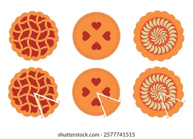 Set of fruit pies. Top view of the pie. Fruit pies - flat icons. Isolated vector illustration.