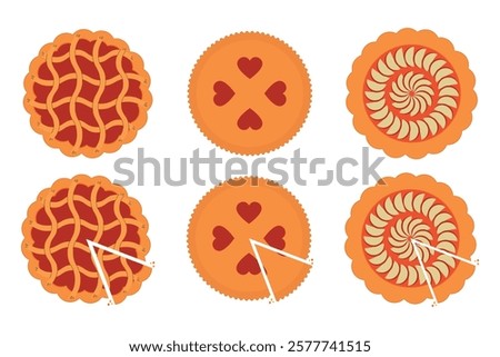 Set of fruit pies. Top view of the pie. Fruit pies - flat icons. Isolated vector illustration.