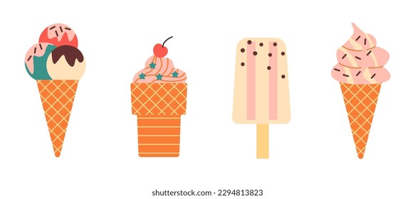 Set of fruit popsicle isolated on white background. Ice cream with sprinkles and chocolate in a waffle cup.