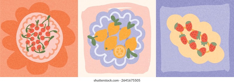 Set of fruit posters with cherry tart, lemons, strawberries on colorful abstract shapes. Hand drawn summer food illustration for kitchen wall decor, cafe, menu, print design. Vector artwork.