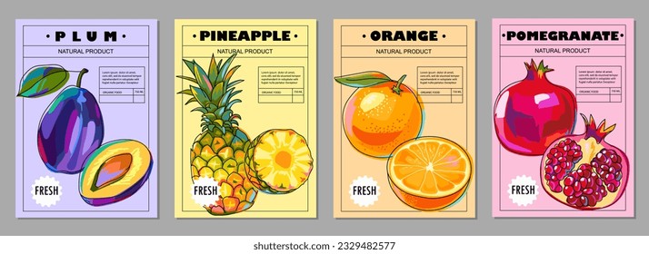 Conjunto de carteles de fruta, etiquetas, cubiertas o etiquetas de precio. Una colección de motivos de fruta. Ciruela, piña, naranja, granada. Estilo de dibujos animados, ilustración vectorial.