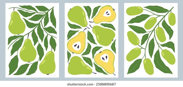 Set of fruit posters in minimalist style. Modern botanical print with hand drawn pears, olives and leaves. . Vector illustration