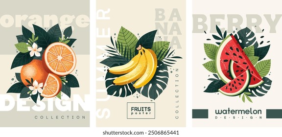 Set von Obstplakaten. Orangenfrucht, Banane und Wassermelone mit tropischen Blättern in stilvoller Flachgrafik. Muster für Werbung, Druck, Verpackung und Druck