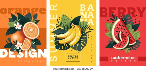 Conjunto de cartazes de frutas. Fruta alaranjada, banana e melancia com folhas tropicais em gráficos elegantes e planos. Modelo para publicidade, impressão, embalagem e impressão