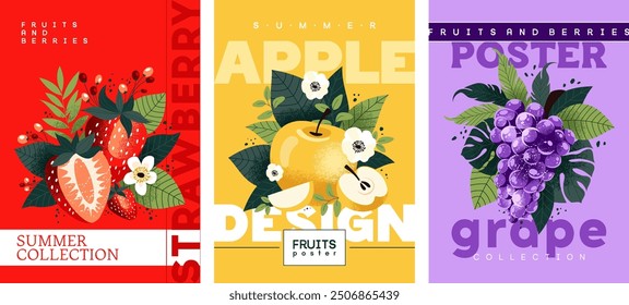 Set of fruit posters. Strawberries, apples and grapes with tropical leaves in stylish flat graphics. Template for advertising, prints, packaging and printing