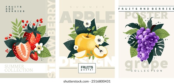 Set of fruit posters. Strawberries, apples and grapes with tropical leaves in stylish flat graphics. Template for advertising, prints, packaging and printing