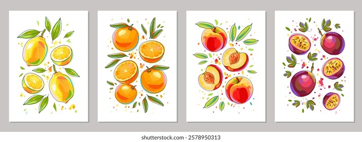 Set of fruit posters. Templates with lemons, oranges, peaches, passion fruit and leaves. Colorful art print for cards, wall art, banner, packaging, cover and more. Vector illustrations.