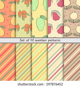 set fruit seamless backgrounds, Bail, Mafai, noni, rose apple, murshula, striped background, dots,