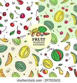 Set of fruit seamless pattern. Cherries, melons, watermelons, pears. Vector