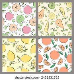 Conjunto de patrones de fruta sin fisuras con manzana, pera, limón, naranja en diseño plano simple. Ilustración vectorial.
