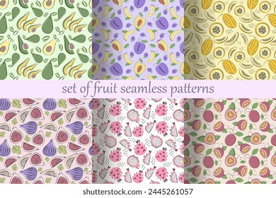 Set of fruit seamless patterns with avocado, plum, melon, fig, pitaya, passion fruit in simple flat design. Vector illustration.
