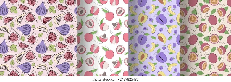 Set of fruit seamless patterns  with fig, litchi, plum, passion fruit in simple flat design. Vector illustration.
