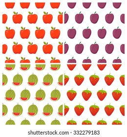 Set of fruit seamless patterns. Healthy food backgrounds with fruits and berries. Vector illustration