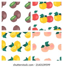 Set of fruit seamless patterns. Kiwi, apples, peaches, lemons, fruit prints. Vector illustration.
