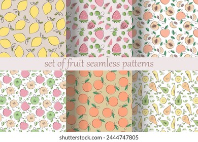 Set of fruit seamless patterns with lemon, strawberry, peach, apple, orange, pear in simple flat design. Vector illustration.
