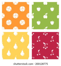 Set of fruit seamless patterns. Vintage apples, oranges, cherries and pears. Duotone vector illustrations.