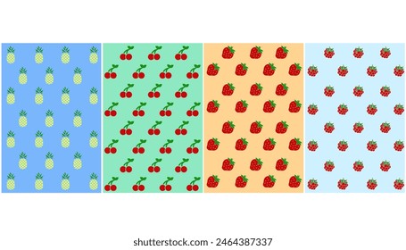 set of fruit seamless pineapple, cherry, strawberry, raspberry,