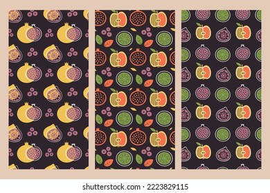 Set of fruit seamless summer patterns with apple, kiwi, fig, pomegranate. Organic healthy food backgrounds with berries for vegan menu, vegetarian merch, wrapping paper, fabric, wallpaper, packaging.