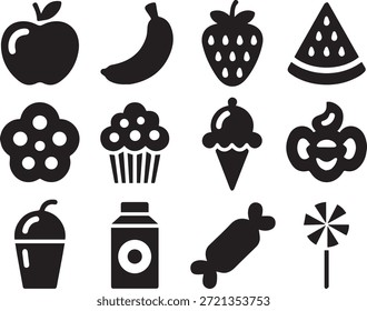 Conjunto de siluetas de frutas, aisladas sobre un fondo blanco, perfecto para la comida, estilo de vida saludable, nutrición, cocina y proyectos de ilustración.