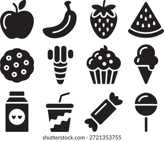 Set von Obstsilhouetten einzeln auf weißem Hintergrund, perfekt für Lebensmittel, gesunden Lebensstil, Ernährung, Kochen und Illustrationsprojekte.