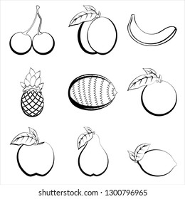 Set of fruit silhouettes. Template for printing and cutting. Monochrome contour food. Vegetables for printing on fabric and paper.