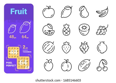 Set fruit simple lines icons of fresh products. Concept collection modern symbols for vegetarian food, internet, ad, web. Pixel perfect. Vector illustration.