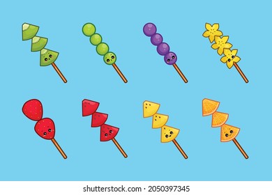 set of fruit skewer strawberry, grape, kiwi, orange, watermelon, starfruit